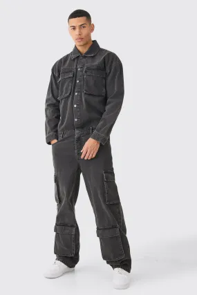 Acid Wash Oversized Cargo Pocket Denim Boilersuit In Charcoal